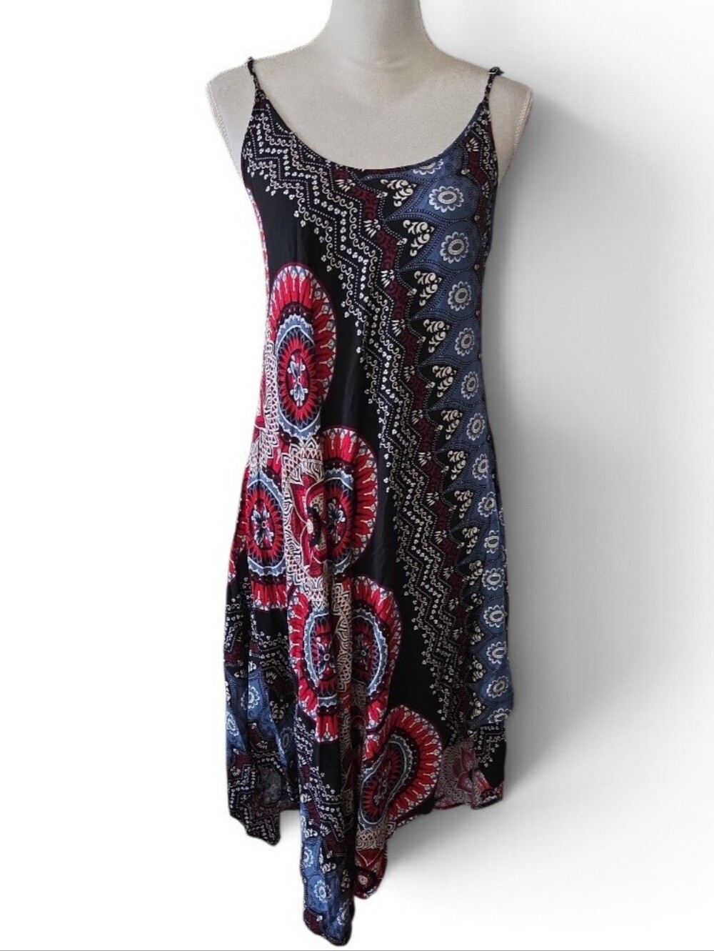 India Boutique Bohemian Mandala Print Black Red Blue Asymmetrical Slip Dress